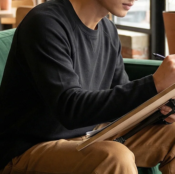 210gsm Twill Cotton Crew Long Sleeve — Dropped Shoulder in Black