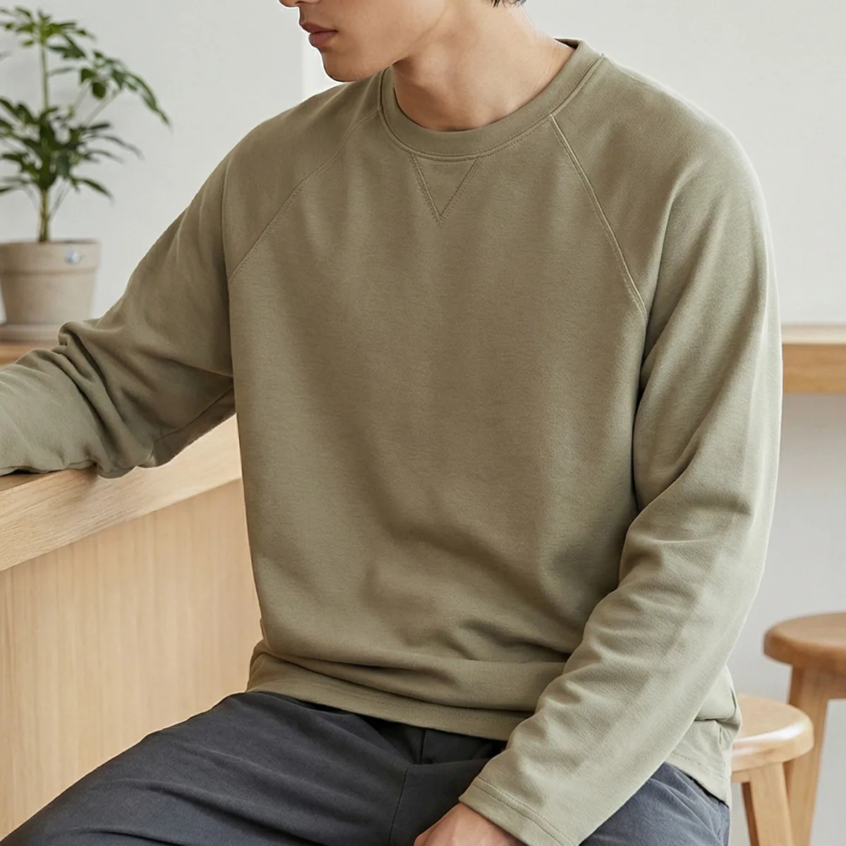 210gsm Twill Cotton Crew Long Sleeve — Dropped Shoulder in Sage Green