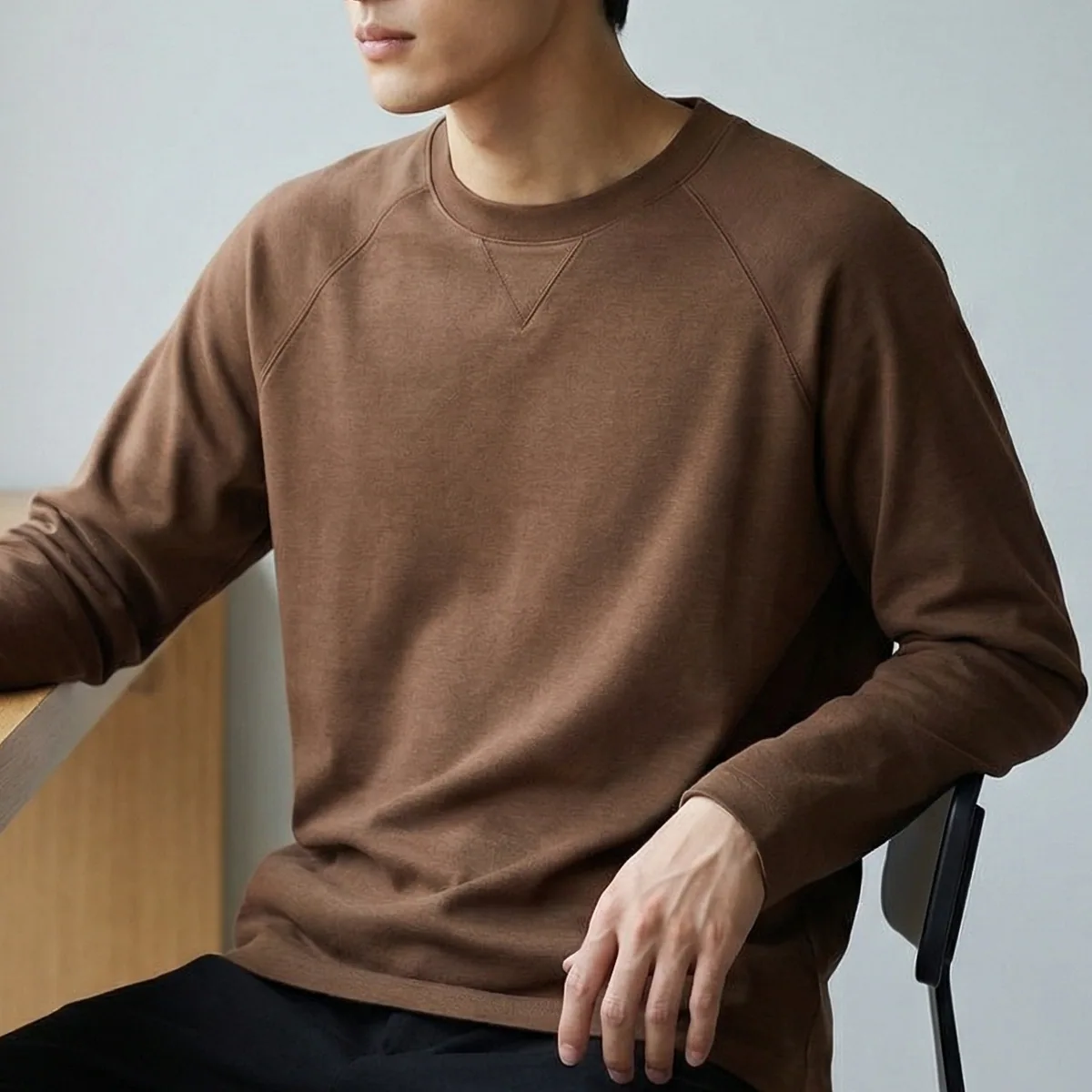 210gsm Twill Cotton Crew Long Sleeve — Dropped Shoulder in Coffee