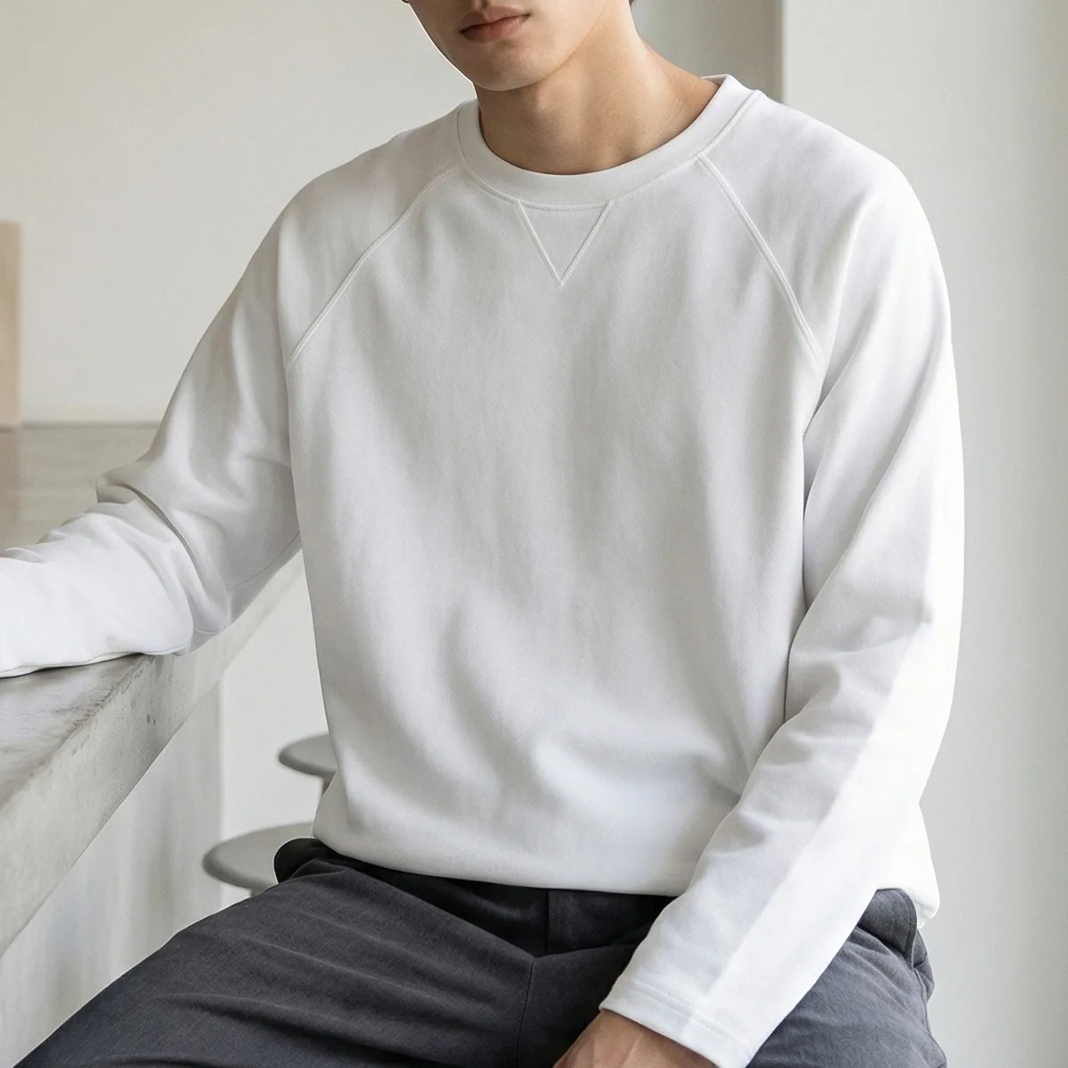 210gsm Twill Cotton Crew Long Sleeve — Dropped Shoulder in White