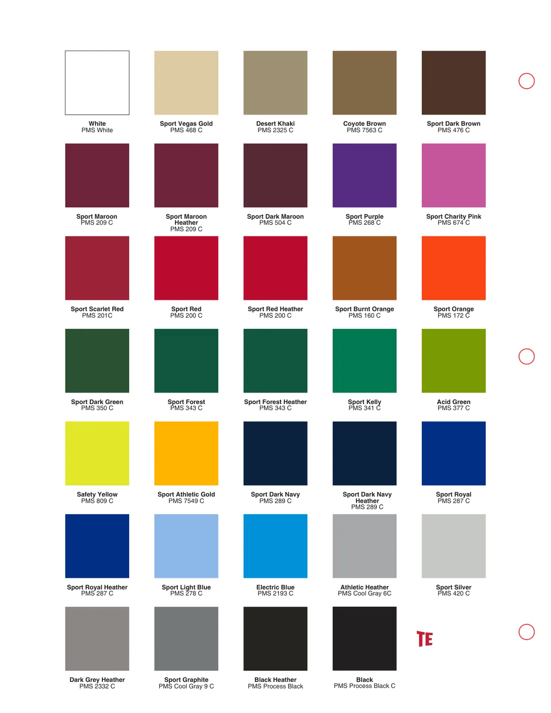 Team apparel colour card