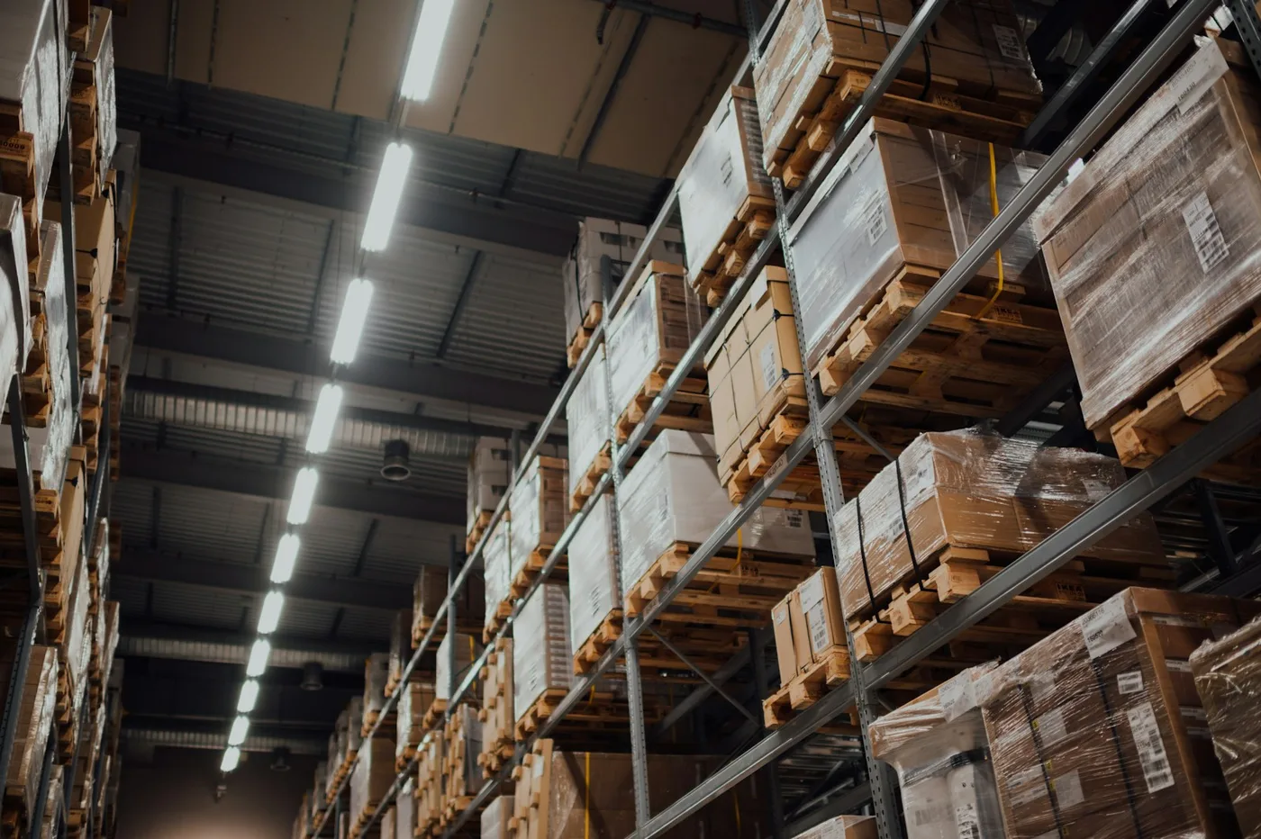 Cartons stacked on warehouse racking
